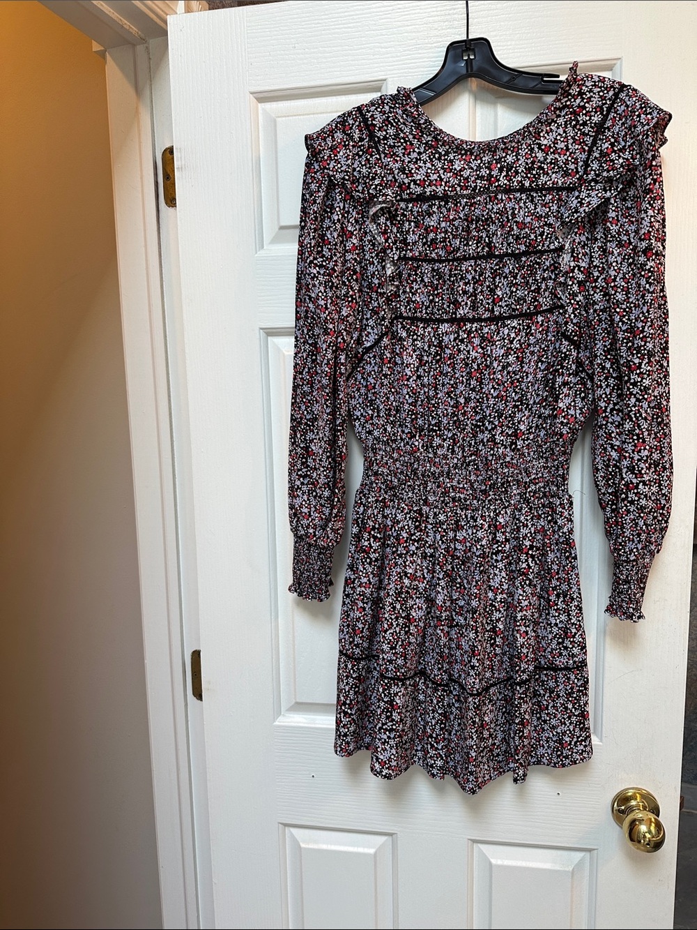 Rails Black Floral Long-Sleeve Smocked Mini Dress with Red Accents